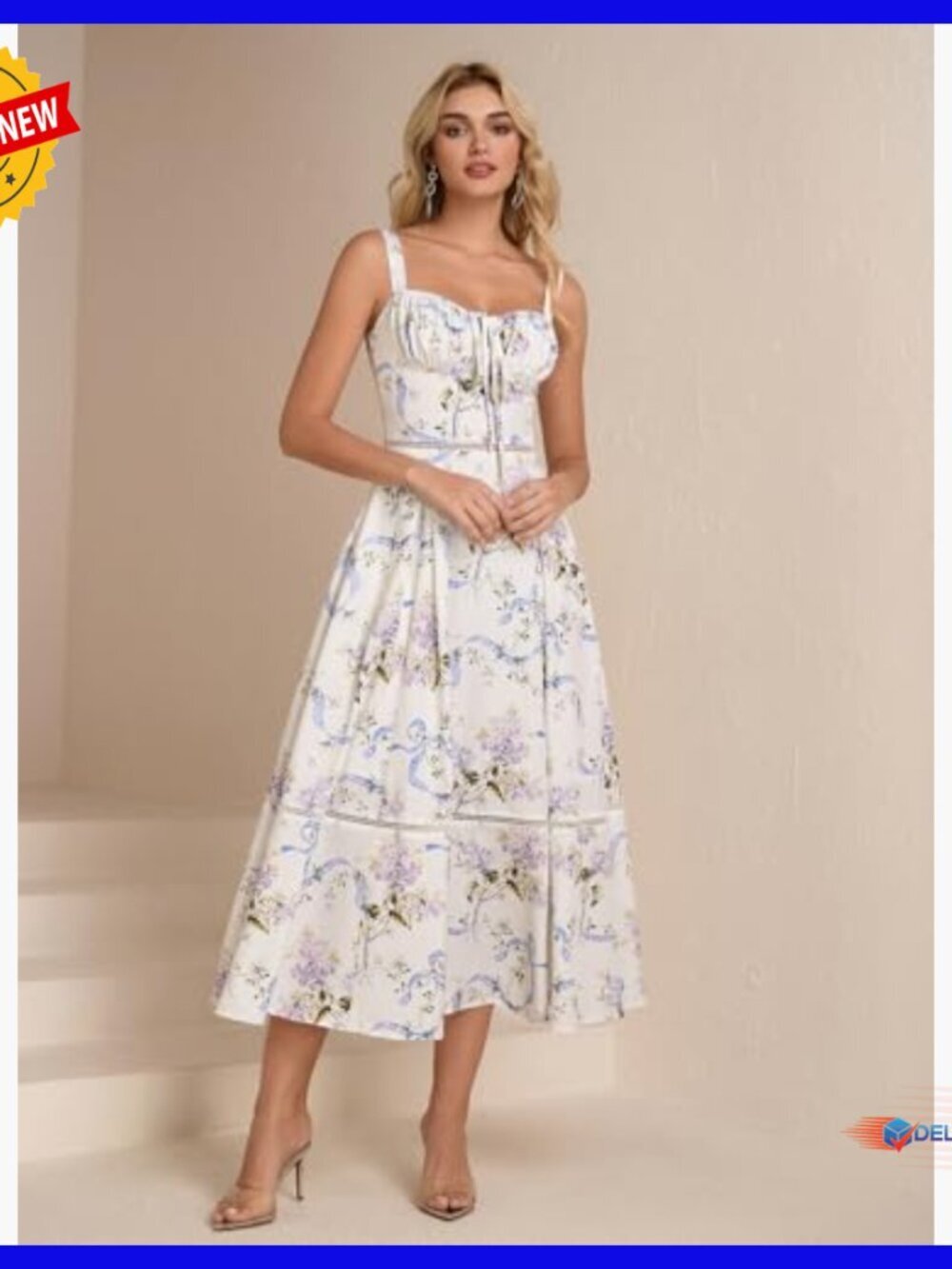 Floral Corset Midi Dress with Pockets Lace Up Back Cutout Summer Wedding Guest - Picture 6 of 6